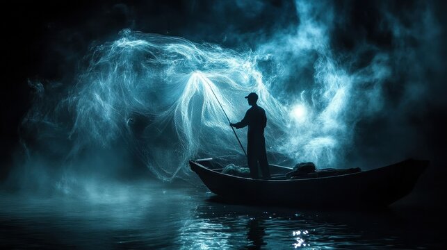 A silhouetted fisherman casts a net over mysterious ethereal water