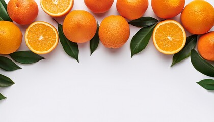 Orange season mockup, summer theme border, with free space for text. White plane background, fruit and leaves on the upper side of the frame.