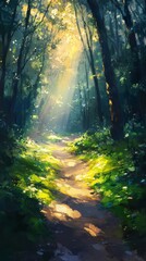 Obraz premium Golden Canopy Glow, Sunshine filtering through trees