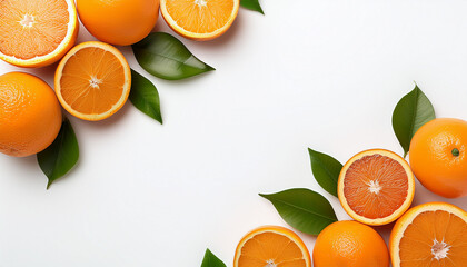 Orange season mockup, summer theme border, with free space for text. White plane background, fruit and leaves in the corners of the frame.