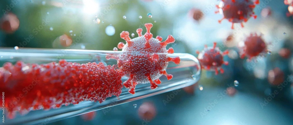 Poster a laboratory setting focused on a precision virology study, featuring floating virus icons in a vibr