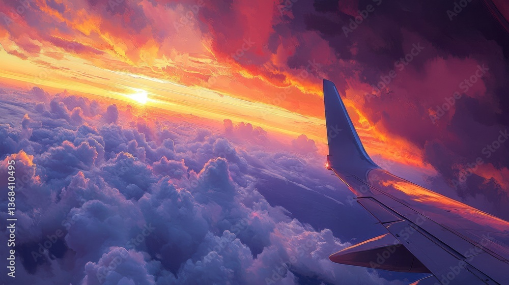 Aufkleber passenger gazes at stunning sunset view from airplane window with clouds and wing in sight generativ