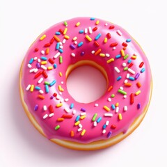 Pink donut decorated with colorful sprinkles isolated on white background. Flat lay. Top view