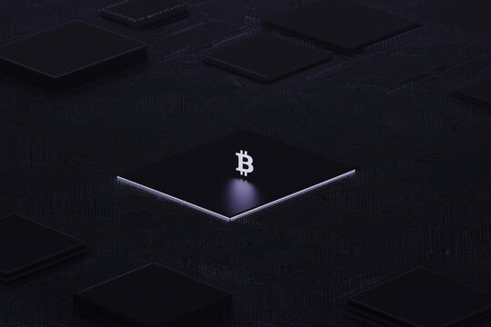 Digital Bitcoin: A digital Bitcoin symbol shines atop a sleek, futuristic platform, showcasing its prominence within the virtual landscape of the cryptocurrency revolution.