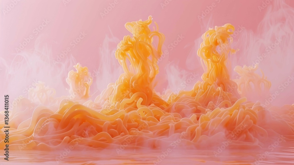 Poster a pink background with orange noodles and smoke. the noodles are twisted and curled, creating a sens