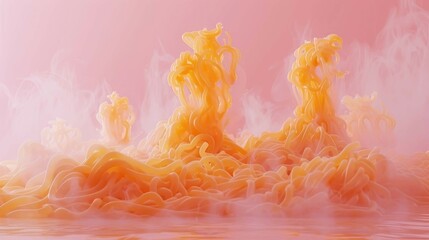 A pink background with orange noodles and smoke. The noodles are twisted and curled, creating a sense of chaos and movement. The smoke adds to the feeling of disarray and confusion