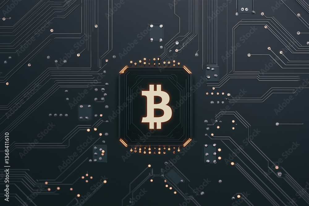 Poster bitcoin core: the digital symbol of bitcoin glows prominently within an intricate electronic circuit