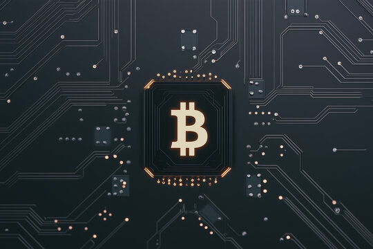 Bitcoin Core: The digital symbol of bitcoin glows prominently within an intricate electronic circuit board, representing the core of this digital currency and cryptocurrency.