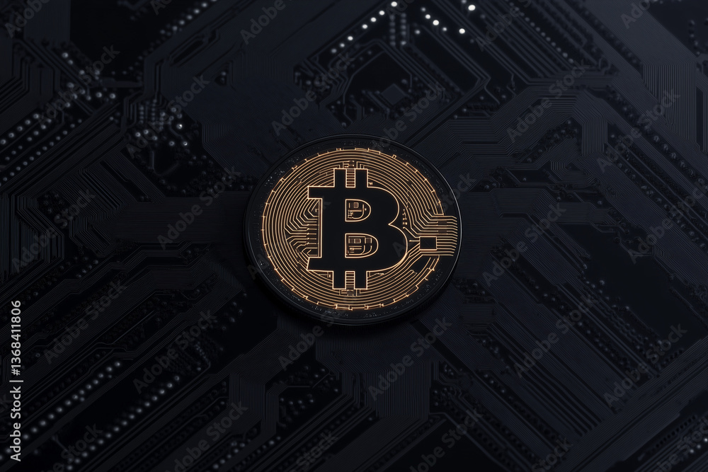 Aufkleber digital gold: bitcoin displayed prominently on a black circuit board, representing the complex inter