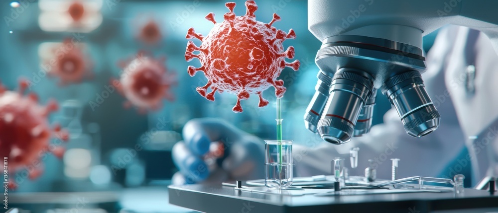 Poster a technologically advanced medical laboratory setting featuring a holographic projection of a virus 