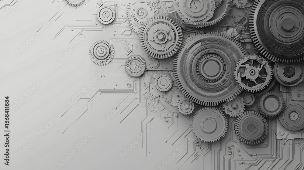 Poster mechanical harmony: interlocking gears and intricate circuitry blend seamlessly in a captivating dis