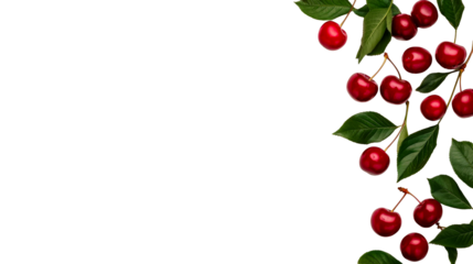 Fresh ripe cherries on branch with leaves, fruit design element, cut out transparent