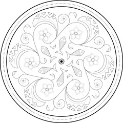 Round design of the picture. Ornament with elements of Gothic and geometric style. Black and white ornament with fish and plants of the water world. Pattern on a white background
