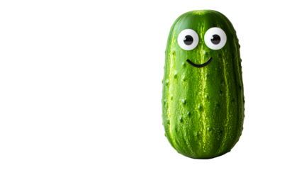 Funny cucumber with big eyes and a smile, on dark background, cut out transparent