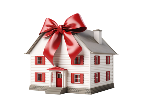 House wrapped with a red bow isolated on transparent background