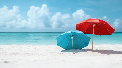 A serene beach setting featuring vibrant red and blue umbrellas, contrasting against the pristine white sand and clear turquoise water, evoking feelings of relaxation and tranquility.