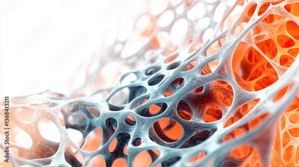 Poster abstract cellular structures with blue and orange color gradients are showcased