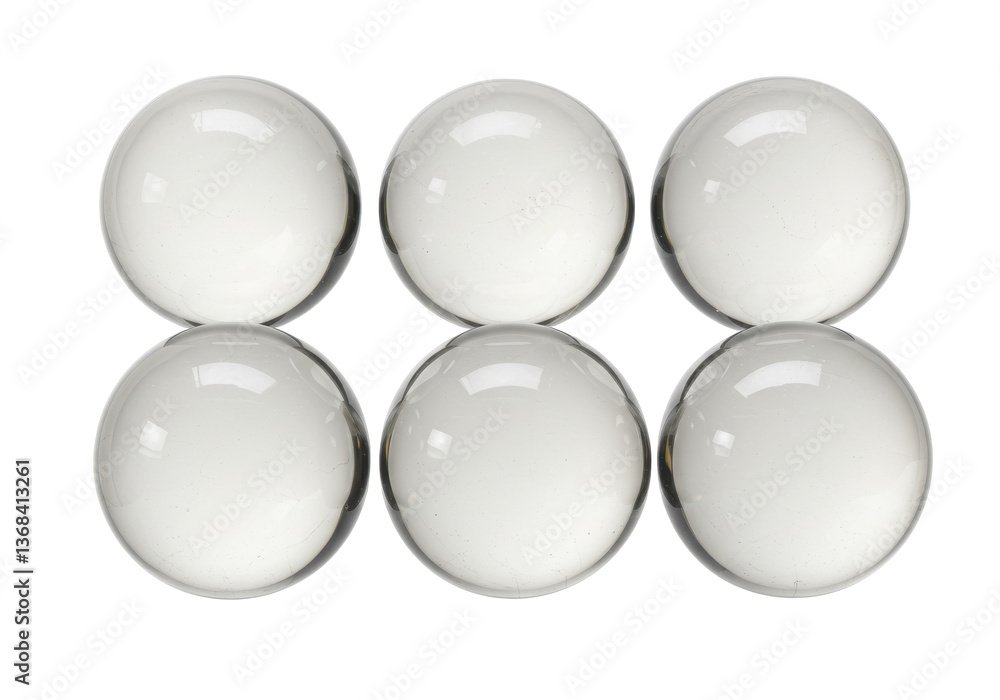 Poster a close up view of six transparent spheres arranged in two rows on a black background space filling 
