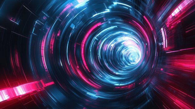 Abstract futuristic tunnel with neon lights glowing in blue and magenta colors.