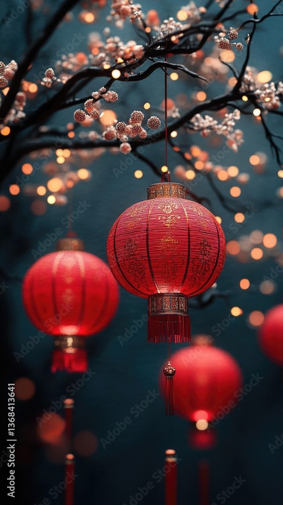 Poster vibrant red lanterns hanging from a tree branch, illuminated by soft bokeh lights in the background