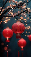 Fototapeta premium Vibrant red lanterns hanging from a tree branch, illuminated by soft bokeh lights in the background