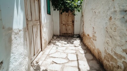 Fototapeta premium A serene narrow alleyway features a rustic wooden door, illuminated by soft sunlight filtering through the leaves, creating a tranquil atmosphere worth exploring.