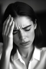 Portrait of a young woman rubbing her temple, seemingly in stress or pain. Perfect for themes related to workplace tension, professional burnout, and the emotional impact of corporate life.