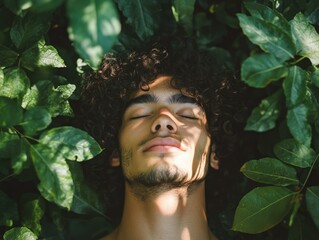 Man peacefully sleeping in forest, surrounded by green leaves and sunlight. Green nature environment, tranquil rest in wilderness.
