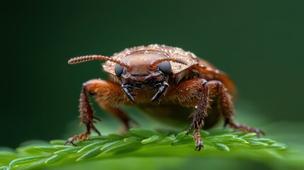 Naklejka premium This detailed macro image captures a brown beetle on a vibrant green leaf, showcasing its intricate features and natural habitat in a captivating way.