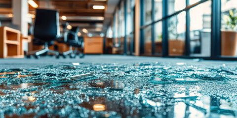 Broken window with shards of glass on the floor. The scene is dark and gloomy, with a sense of danger and unease