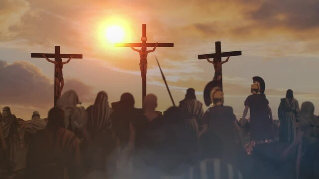 Golgotha crucifixion of Jesus Christ, large crowd watching the crucifixion 3D render