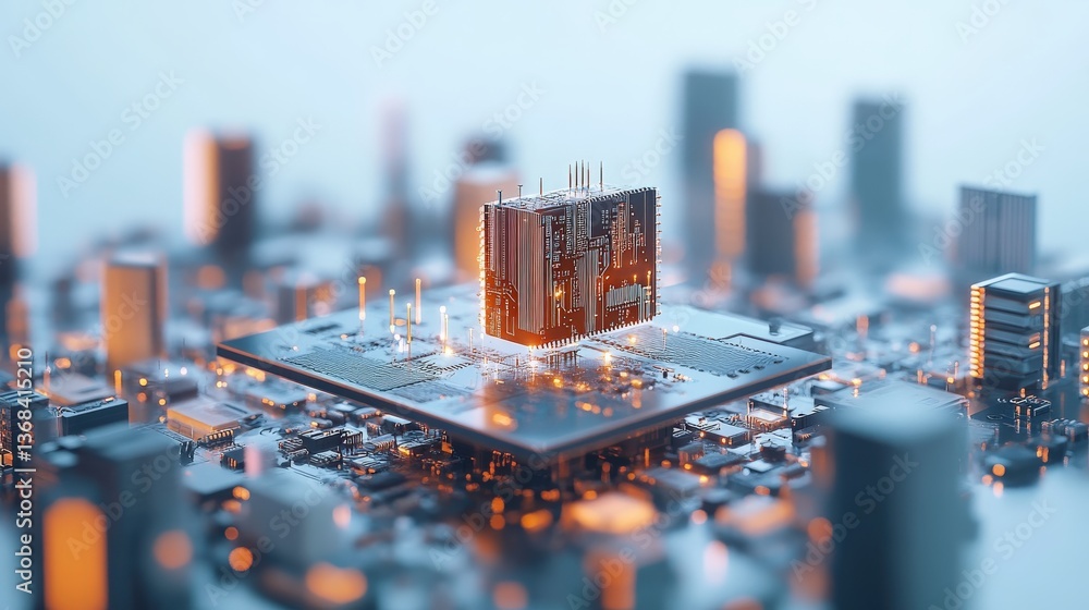 Poster a stylized depiction of a computer processor and circuit board