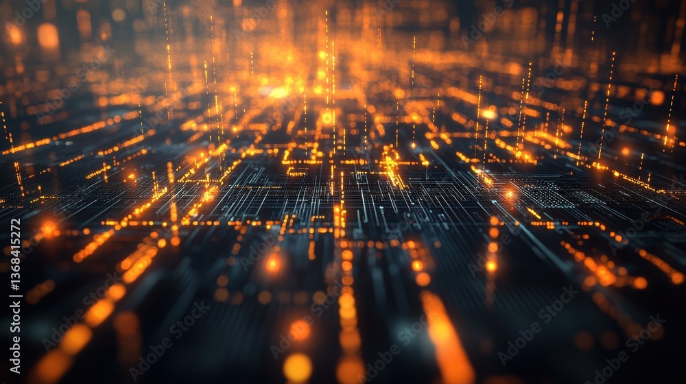 Poster abstract digital network of glowing orange and yellow lines in a complex circuit board design extend