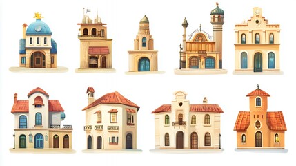 Fototapeta premium Colorful Watercolor Houses Illustration Collection on White Background for Architectural Designs