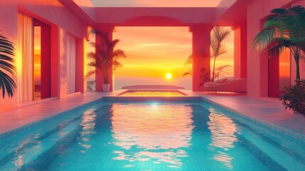 Fototapeta premium Pink villa sunset pool ocean view relaxation