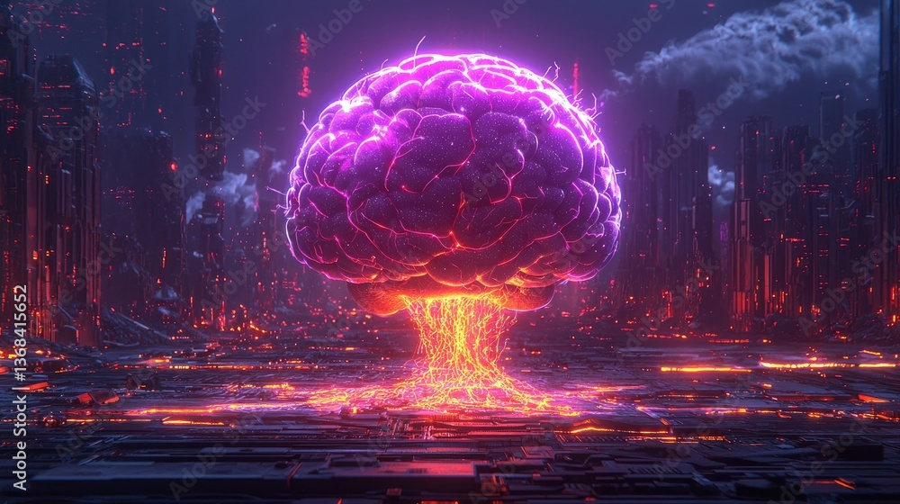 Poster futuristic brain concept with neon lights and digital landscape integration symbolizing ai and langu