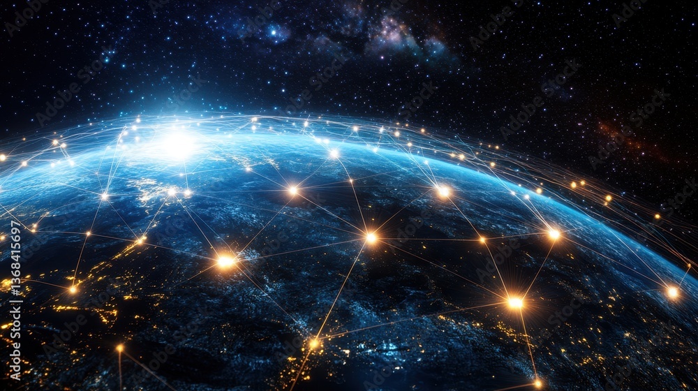 Poster earth from space with city lights at night and a glowing network symbolizing global communication an