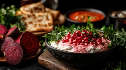 A colorful beetroot dip topped with fresh pomegranate seeds and herbs, presented in a beautiful bowl, showcasing healthy ingredients perfect for culinary and food photography.