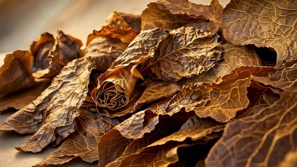 Dried tobacco leaves curled and textured in close-up with warm studio lighting - Powered by Adobe