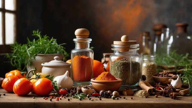 A dark, textured surface features a variety of fresh ingredients arranged artfully.