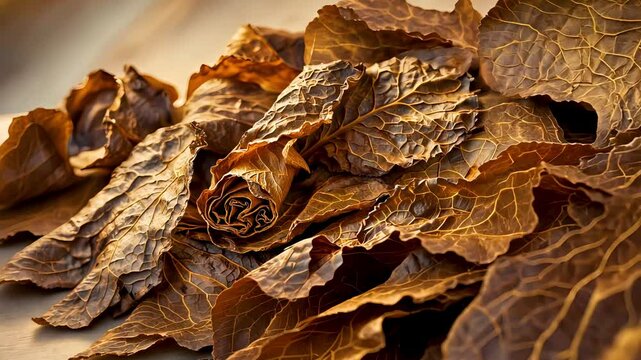 Dried tobacco leaves curled and textured in close-up with warm studio lighting