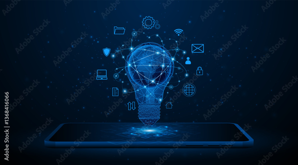 Poster creative light bulb with a globe or world map inside on tablet or smartphone. global internet connec
