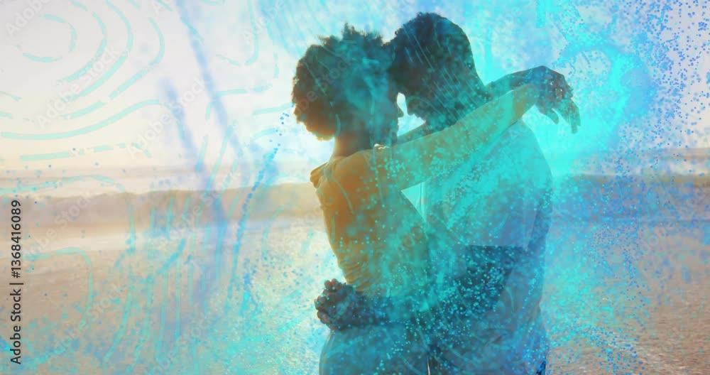 Poster embracing couple with animation of abstract blue and green patterns overlaying