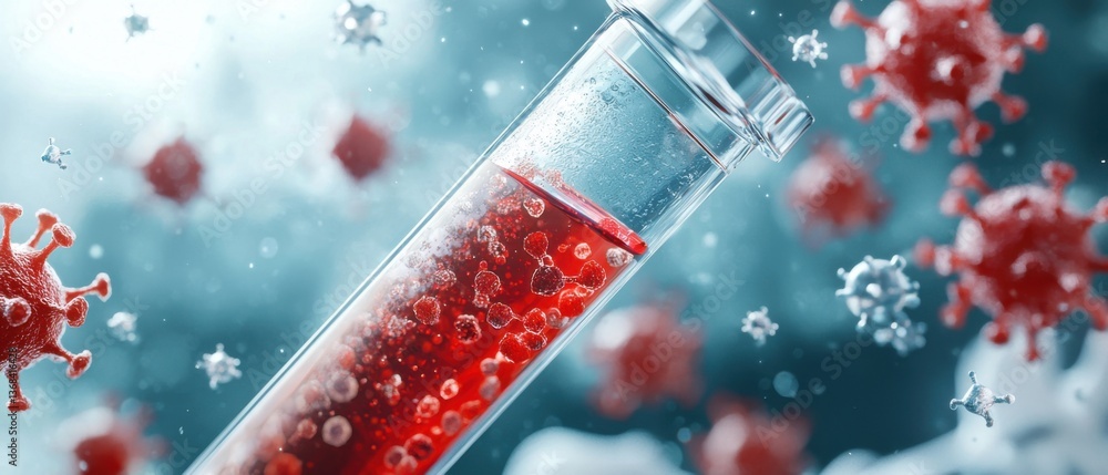 Poster a close-up view of a laboratory test tube containing a red experimental fluid, with virus symbols pr