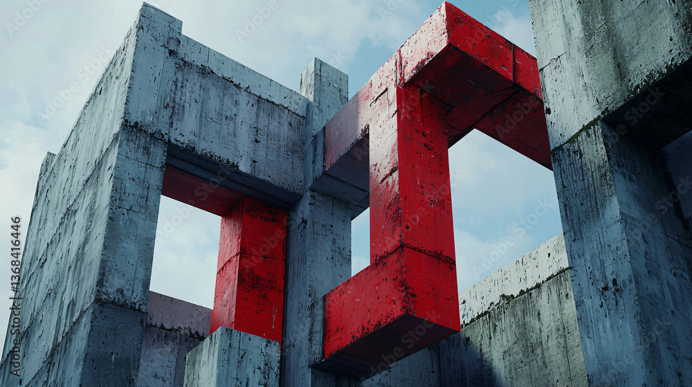 Poster striking geometric abstraction featuring a red cross on a concrete structure emphasizing bold color 