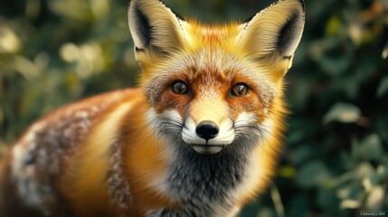 Fototapeta premium Majestic red fox with sharp gaze, resting on grassy area with trees and foliage behind.