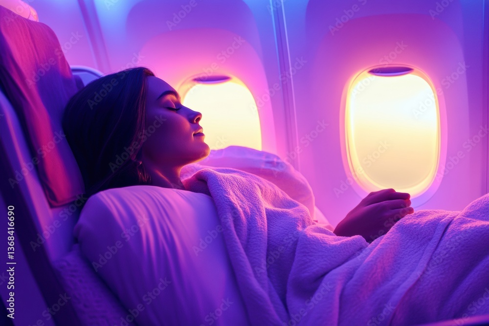 Poster passenger enjoys relaxation while watching a movie during a comfortable flight with soft cabin light
