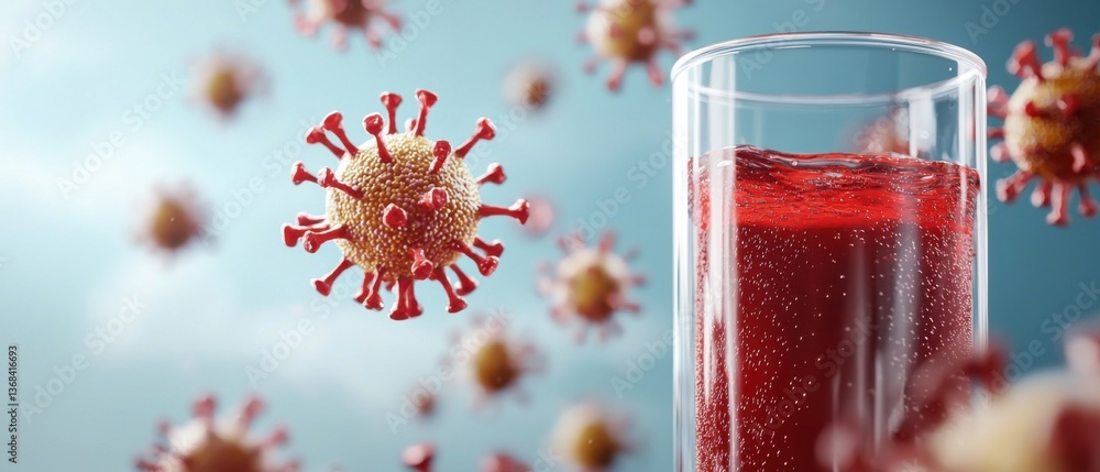 Poster a close-up view of a test tube containing a red-colored fluid with small, microscopic virus molecule