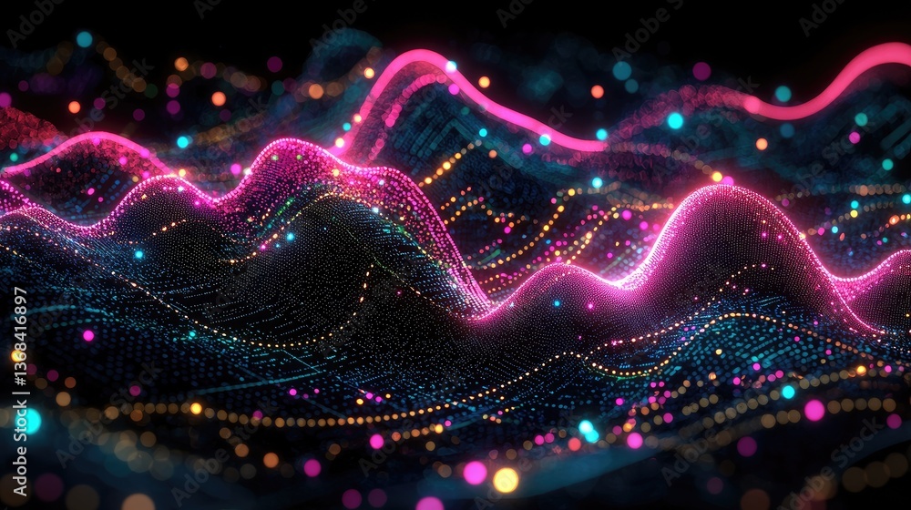 Poster abstract representation of data waves and signals in bright neon colors
