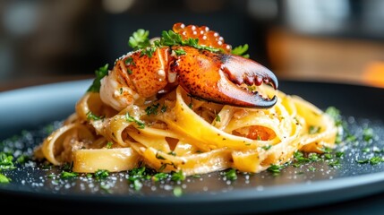A beautifully plated lobster fettuccine topped with caviar and parsley, showcasing luxurious seafood pasta in an elegant presentation, perfect for gourmet food lovers.